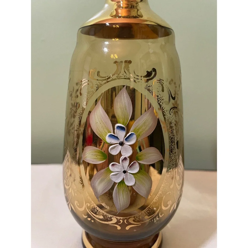Vintage Amber Gold Encrusted Glass Decanter Set Hand Painted Floral 5pc
